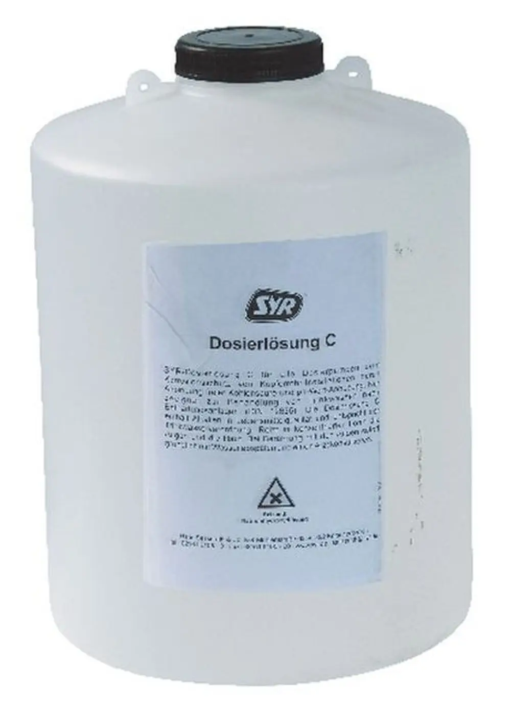 Weißer Kunststoffbehälter mit schwarzem Schraubverschluss und einem Etikett der Marke Syr, das Informationen zur Inhaltslösung und Sicherheitshinweise enthält.
